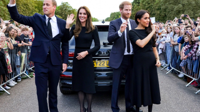 Harry and Meghan appear with William and Kate to greet mourners at Windsor Castle